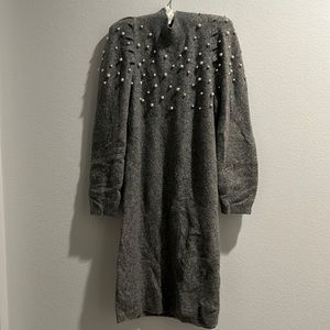 Ann Taylor sweater dress with pearl detail and puff sleeves.